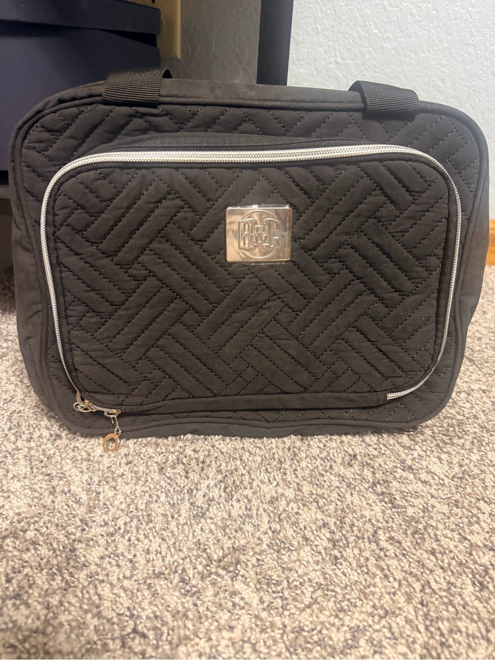 Quilted Black Travel Bag with Front Zip Pocket